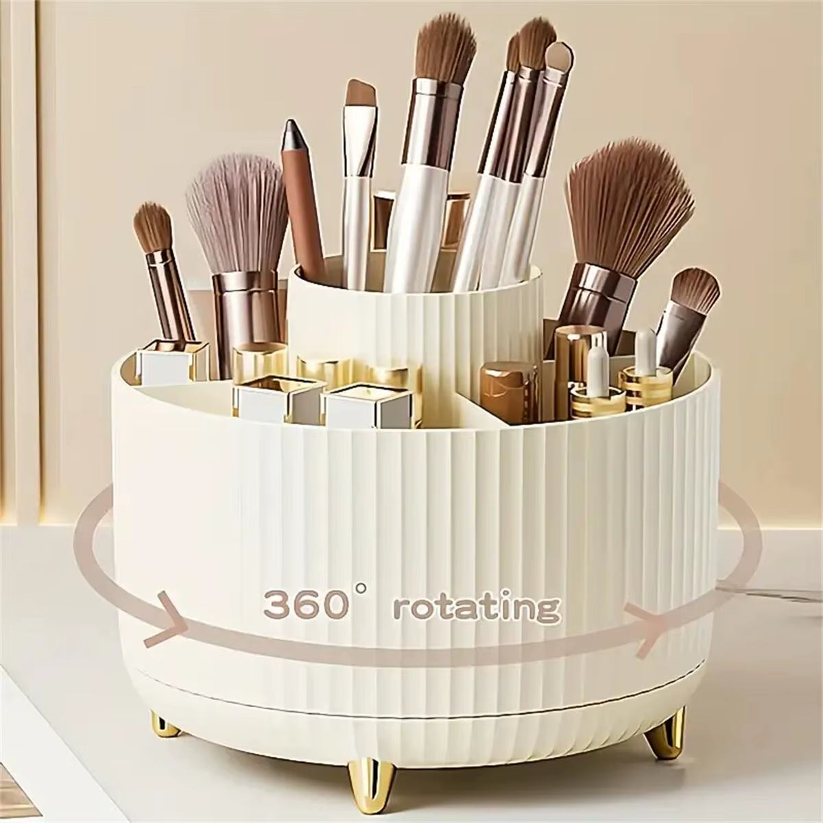 360° Rotating Makeup Organizer - 1Pc Plastic Cosmetic Storage with 5 Compartments - Multi-Functional Holder for Brushes